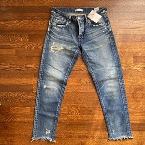 MOUSSY 100% Cotton Jeans size 27 cowhide leather distressed Dark Wash Brand New